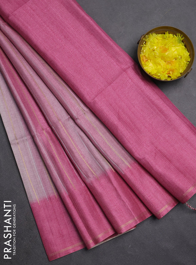 Semi tussar saree multi colour and pink shade with allover silver & zari weaves pattern and simple zari woven border
