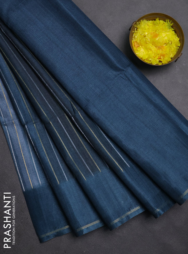 Semi tussar saree multi colour and peacock blue with allover silver & zari weaves pattern and simple zari woven border