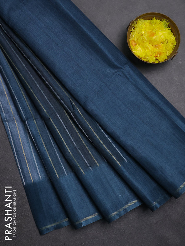 Semi tussar saree multi colour and peacock blue with allover silver & zari weaves pattern and simple zari woven border