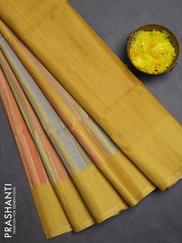 Semi tussar saree multi colour and mustard yellow with allover silver & zari weaves pattern and simple zari woven border
