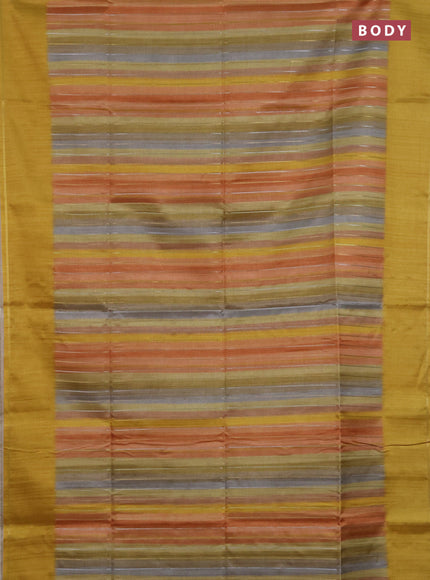 Semi tussar saree multi colour and mustard yellow with allover silver & zari weaves pattern and simple zari woven border