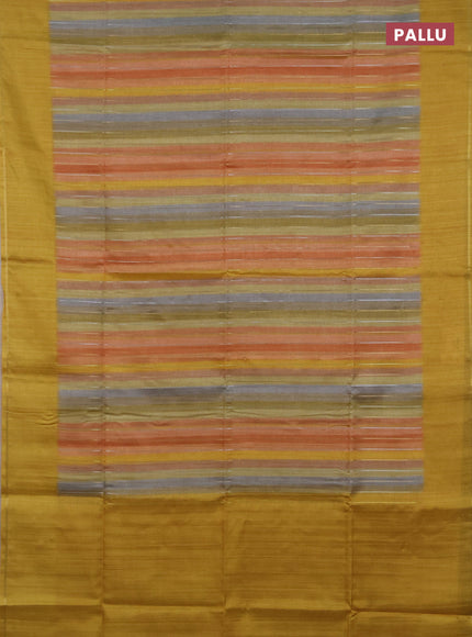 Semi tussar saree multi colour and mustard yellow with allover silver & zari weaves pattern and simple zari woven border