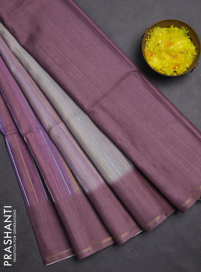 Semi tussar saree multi colour and pastel purple with allover silver & zari weaves pattern and simple zari woven border