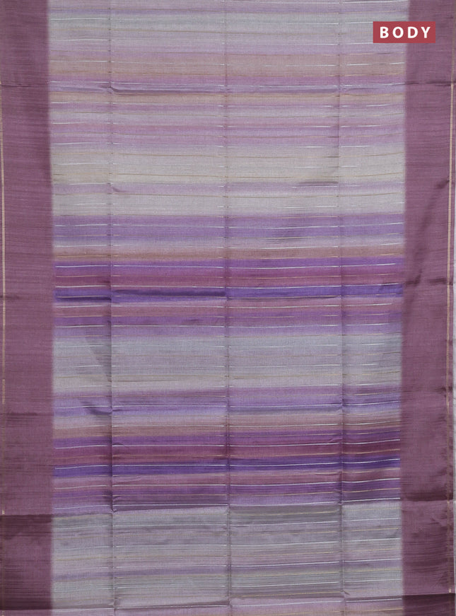 Semi tussar saree multi colour and pastel purple with allover silver & zari weaves pattern and simple zari woven border