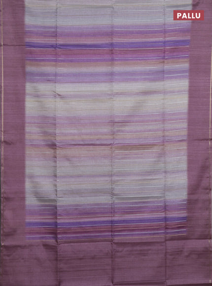 Semi tussar saree multi colour and pastel purple with allover silver & zari weaves pattern and simple zari woven border