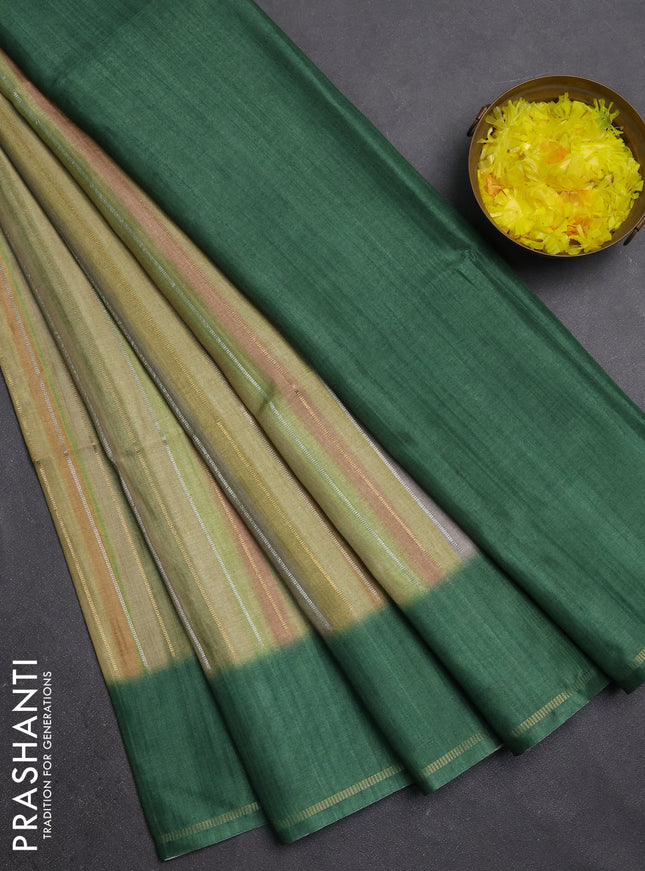 Semi tussar saree multi colour and green with allover silver & zari weaves pattern and simple zari woven border