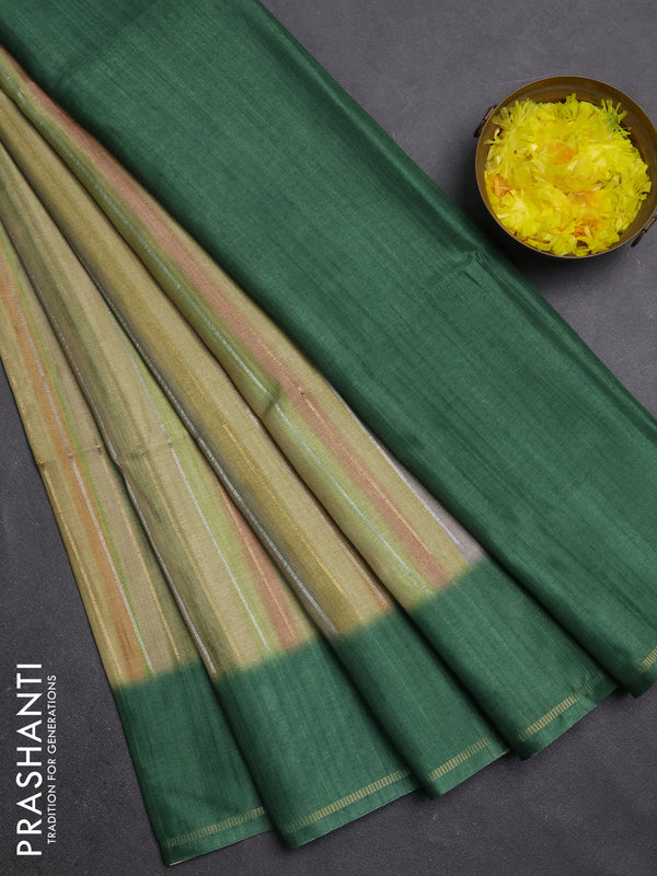 Semi tussar saree multi colour and green with allover silver & zari weaves pattern and simple zari woven border