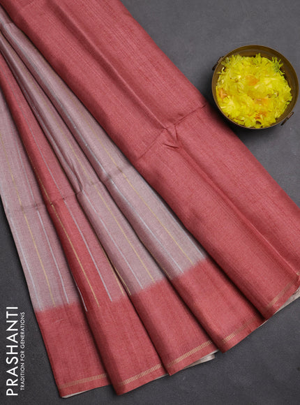Semi tussar saree multi colour and dark peach pink with allover silver & zari weaves pattern and simple zari woven border