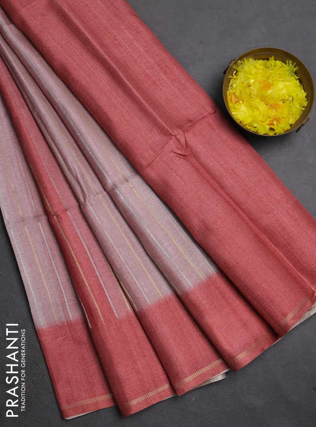 Semi tussar saree multi colour and dark peach pink with allover silver & zari weaves pattern and simple zari woven border