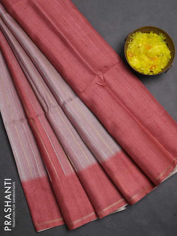 Semi tussar saree multi colour and dark peach pink with allover silver & zari weaves pattern and simple zari woven border