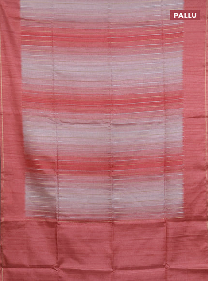 Semi tussar saree multi colour and dark peach pink with allover silver & zari weaves pattern and simple zari woven border