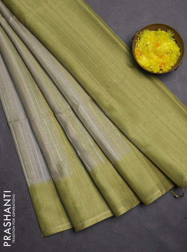 Semi tussar saree multi colour and light green with allover silver & zari weaves pattern and simple zari woven border