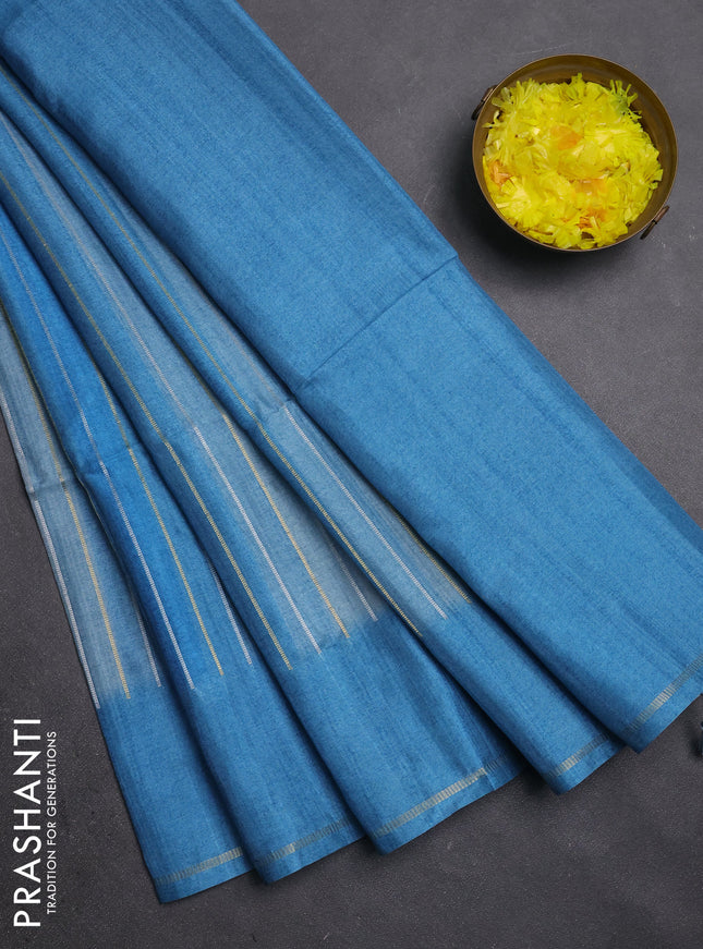 Semi tussar saree multi colour and blue with allover silver & zari weaves pattern and simple zari woven border