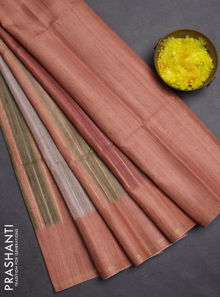 Semi tussar saree multi colour and pastel peach with allover silver & zari weaves pattern and simple zari woven border