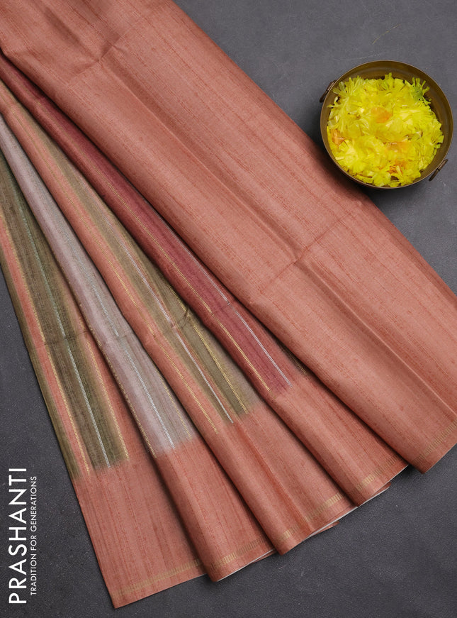 Semi tussar saree multi colour and pastel peach with allover silver & zari weaves pattern and simple zari woven border