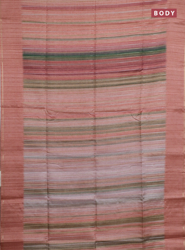 Semi tussar saree multi colour and pastel peach with allover silver & zari weaves pattern and simple zari woven border