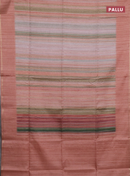 Semi tussar saree multi colour and pastel peach with allover silver & zari weaves pattern and simple zari woven border