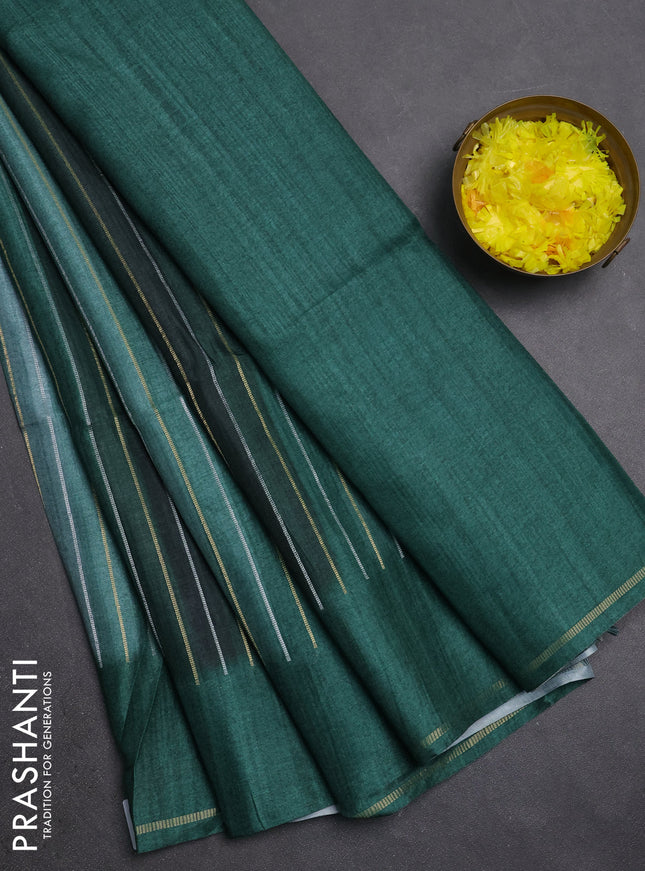 Semi tussar saree multi colour and green with allover silver & zari weaves pattern and simple zari woven border