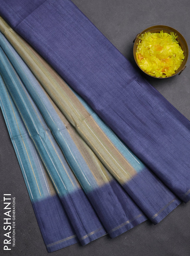 Semi tussar saree multi colour and bluish grey with allover silver & zari weaves pattern and simple zari woven border