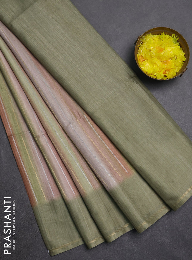 Semi tussar saree multi colour and pastel green with allover silver & zari weaves pattern and simple zari woven border