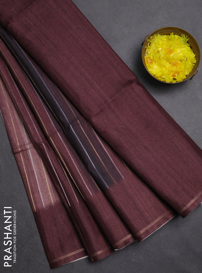 Semi tussar saree multi colour and coffee brown with allover silver & zari weaves pattern and simple zari woven border