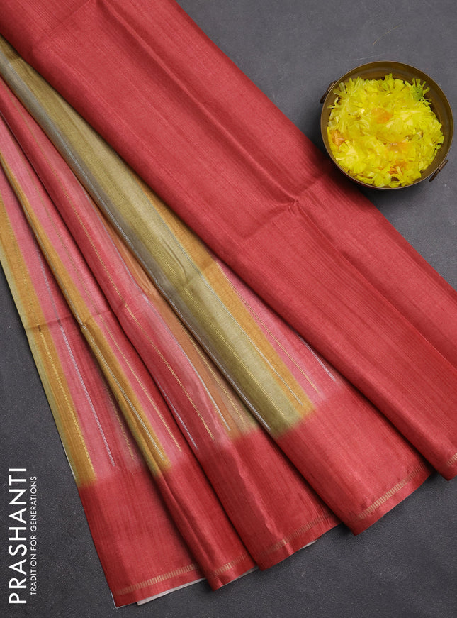 Semi tussar saree multi colour and dark peach with allover silver & zari weaves pattern and simple zari woven border