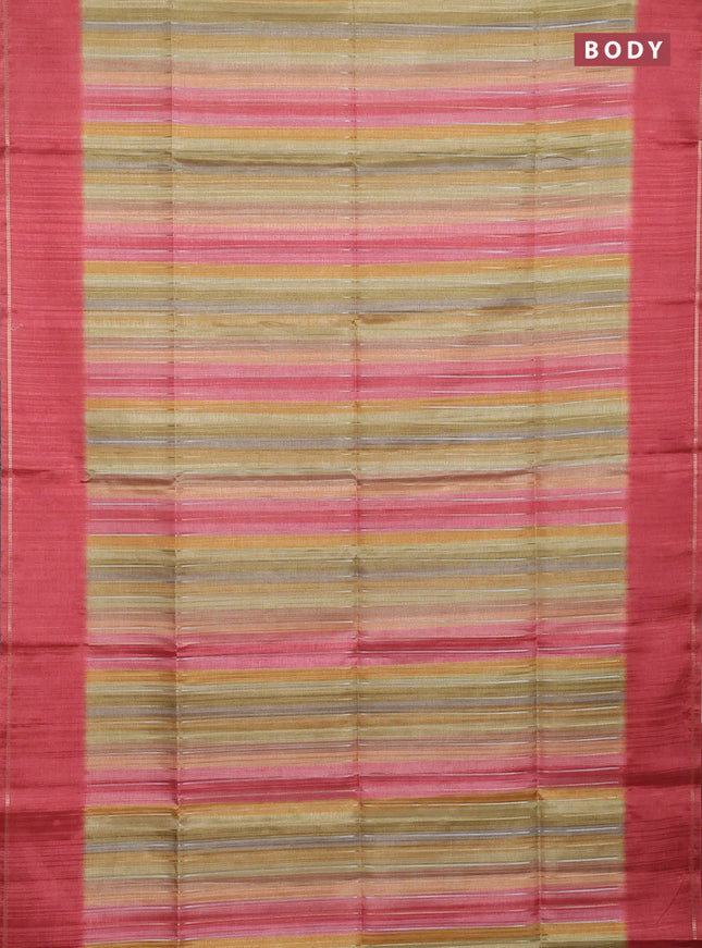 Semi tussar saree multi colour and dark peach with allover silver & zari weaves pattern and simple zari woven border