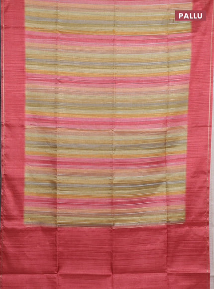 Semi tussar saree multi colour and dark peach with allover silver & zari weaves pattern and simple zari woven border