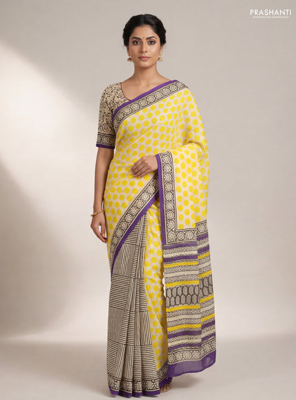 Jaipur cotton partly saree beige yellow and purple with allover polka dot prints and printed border