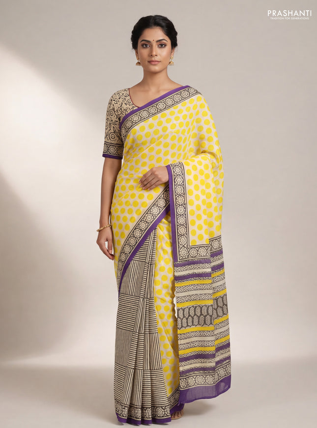 Jaipur cotton partly saree beige yellow and purple with allover polka dot prints and printed border
