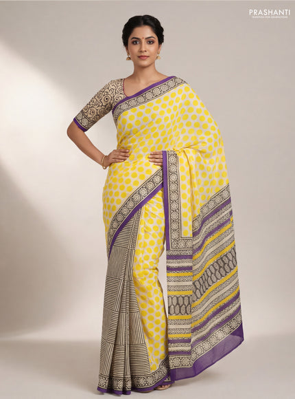 Jaipur cotton partly saree beige yellow and purple with allover polka dot prints and printed border