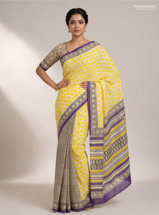 Jaipur cotton partly saree beige yellow and purple with allover polka dot prints and printed border