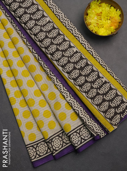 Jaipur cotton partly saree beige yellow and purple with allover polka dot prints and printed border