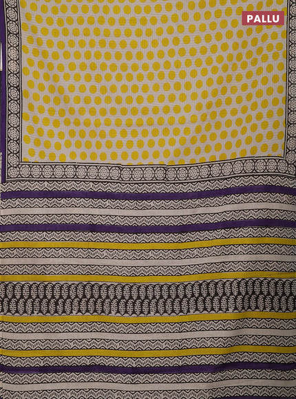 Jaipur cotton partly saree beige yellow and purple with allover polka dot prints and printed border