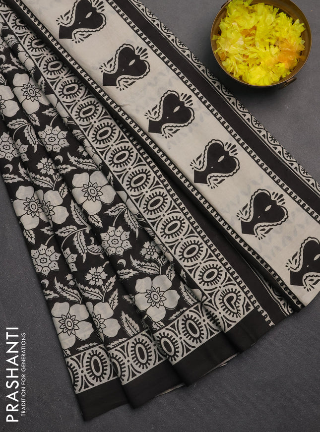 Jaipur cotton saree black with allover kalamkari prints and printed border