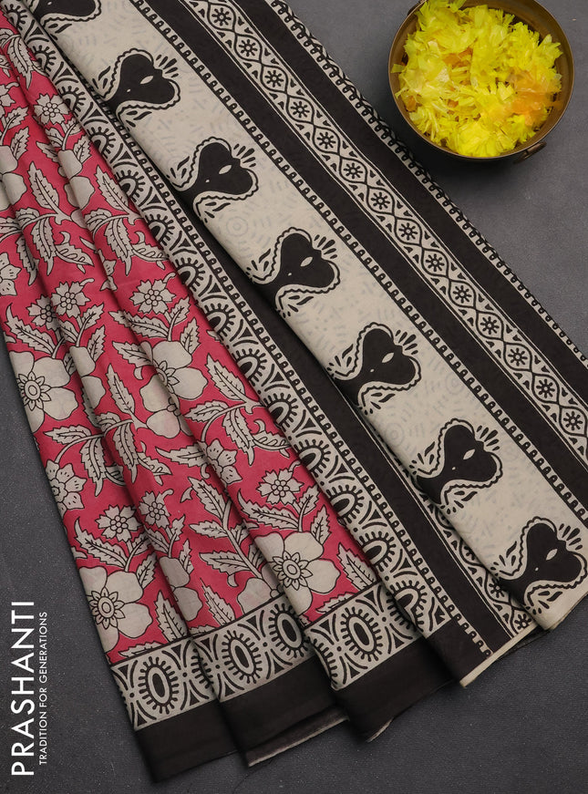 Jaipur cotton saree pink and black with allover kalamkari prints and printed border