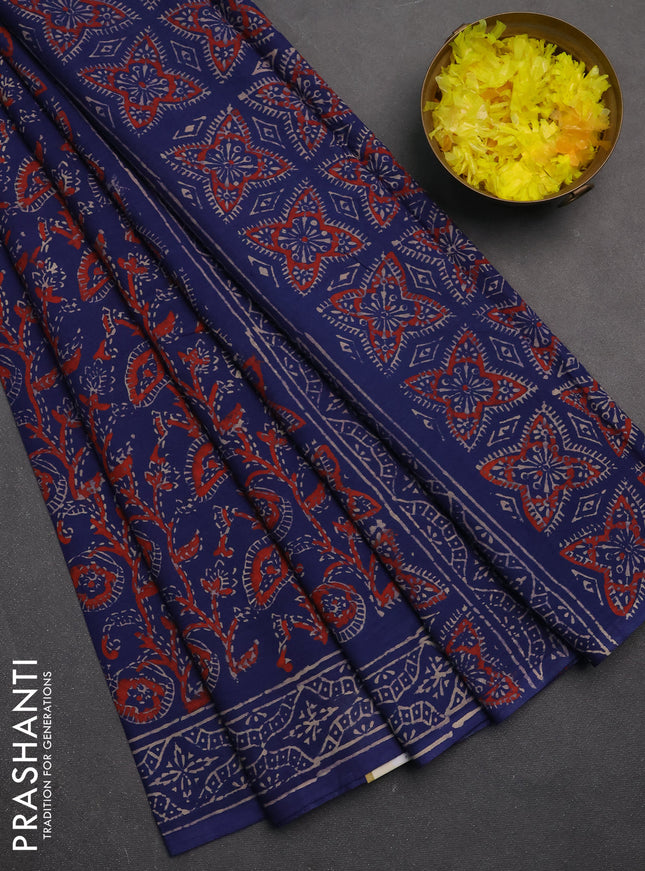 Jaipur cotton saree blue with allover ajrakh prints and printed border
