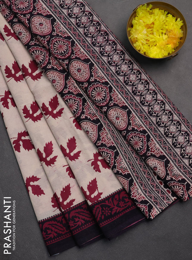 Jaipur cotton saree beige and jamun with allover butta prints and printed border