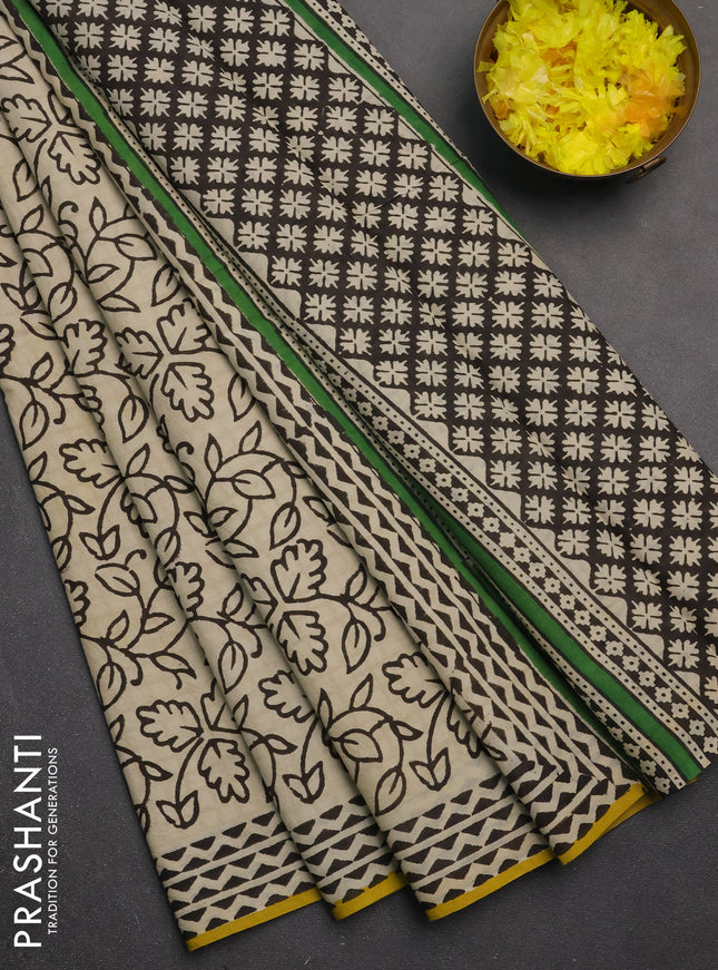 Jaipur cotton saree beige and mustard yellow with allover prints and printed border