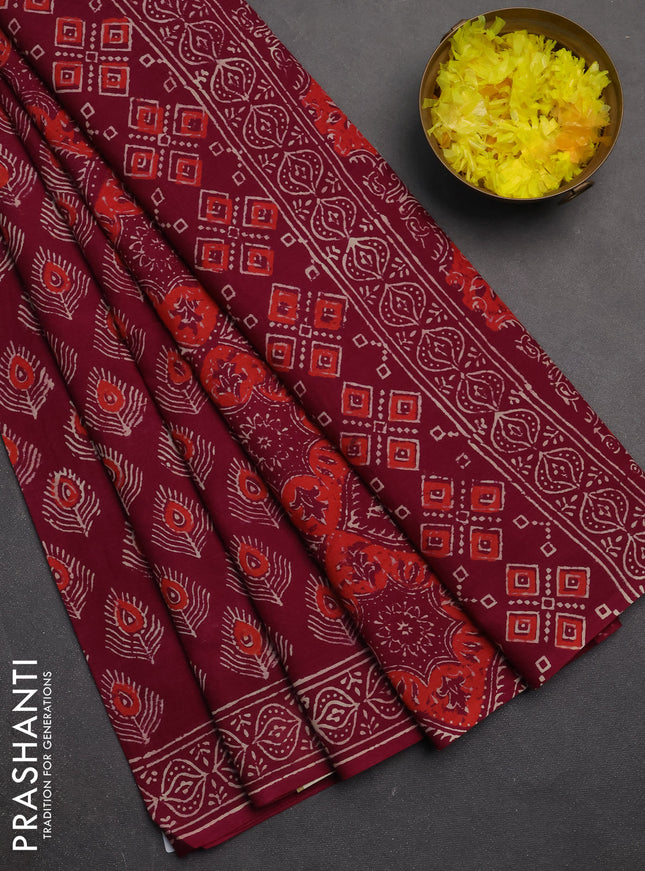 Jaipur cotton saree wine shade with allover butta prints and printed border
