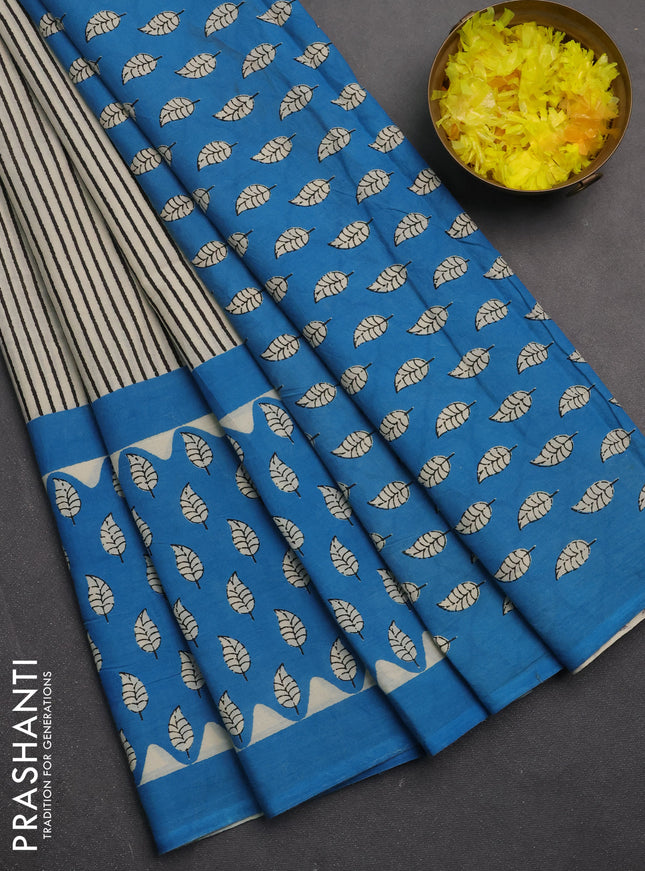 Jaipur cotton saree beige and blue with allover stripes pattern and small simple border