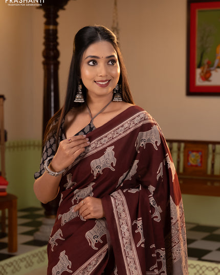 Jaipur cotton saree coffee brown with allover pichwai prints and printed border