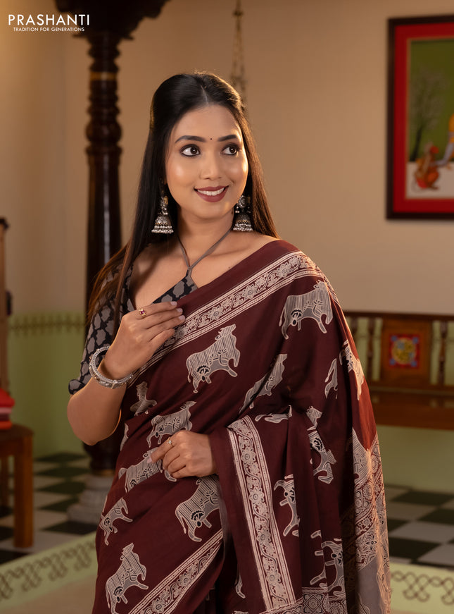 Jaipur cotton saree coffee brown with allover pichwai prints and printed border