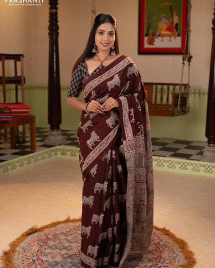 Jaipur cotton saree coffee brown with allover pichwai prints and printed border
