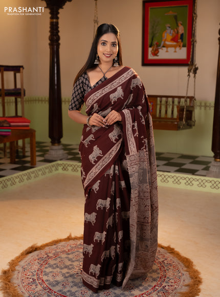 Jaipur cotton saree coffee brown with allover pichwai prints and printed border