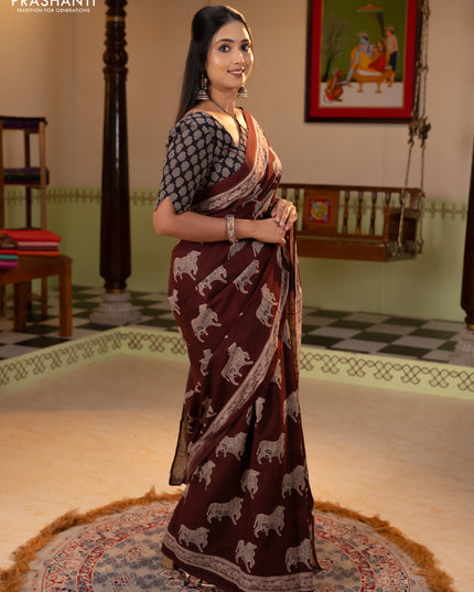 Jaipur cotton saree coffee brown with allover pichwai prints and printed border