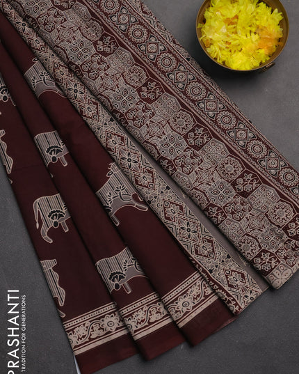 Jaipur cotton saree coffee brown with allover pichwai prints and printed border