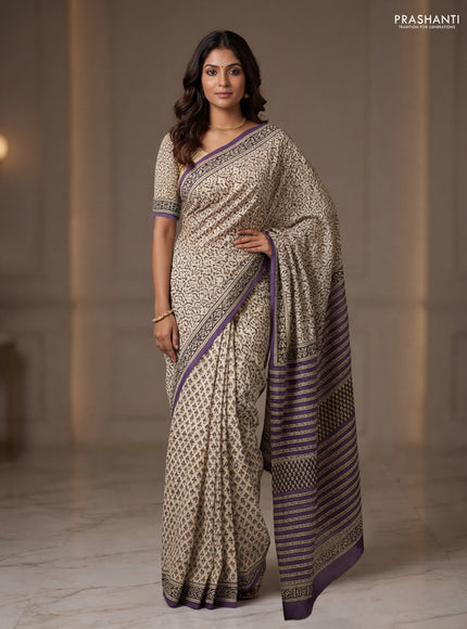 Jaipur cotton partly saree beige and purple with allover prints and printed border