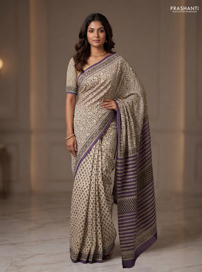 Jaipur cotton partly saree beige and purple with allover prints and printed border