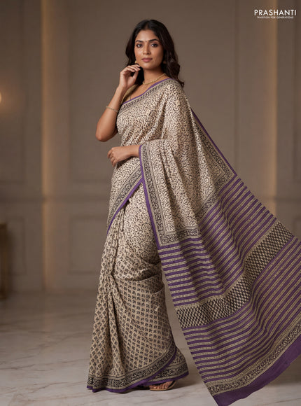 Jaipur cotton partly saree beige and purple with allover prints and printed border